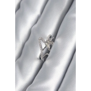 Mey İthalat® Pirinç Gümüş Renk Zirkon Taş Detay Kelebek Model Kadın Yüzük