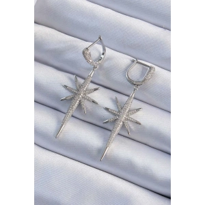 Mey İthalat® Pirinç Gümüş Renk Zirkon Taş Kaplama Kutup Yıldızı Tasarımlı Kadın Küpe