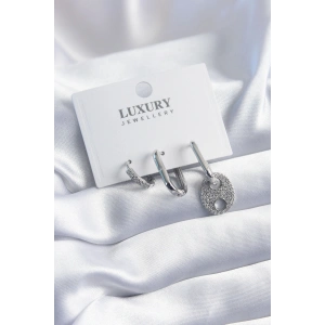 Mey İthalat® Pirinç Gümüş Renk Zirkon Taşlı 3lü Kadın Küpe Seti