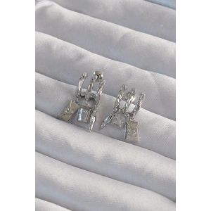 Mey İthalat® Pirinç Gümüş Renk Zirkon Taşlı Çoklu Aksesuarlı Yarım Halka Kaburga Küpe