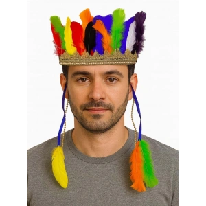 Mey İthalat® Rengarenk Tüylerle İşlenmiş Lastikli Kızılderili Başlığı