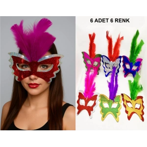 Mey İthalat® Renkli Parti Maskesi 6'lı | Tüylü Karton Maske Seti (Lastikli)