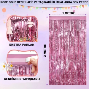 Mey İthalat® Rose Gold Renk Ekstra Metalize Parlak Saçaklı Arka Fon Perde İthal A Kalite 1x2 Metre