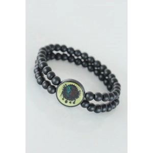 Mey İthalat® Sarı Renkli Metal Üzerine Osmanlı Arma Figürlü Siyah Renk Çift Sıra Doğal Taş Erkek Bileklik