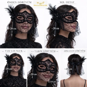 Mey İthalat® Siyah Dantel Tüllü Peçeli Parti Maskesi