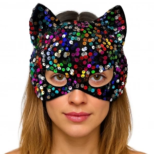 Mey İthalat® Siyah Kadife Kumaş Üzerine Rengarenk Payetli Pullu Parti Maskesi 16x14 cm