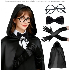 Mey İthalat® Siyah Kapüşonlu Büyücü ve Cadı Pelerin Kostüm Seti (4 Parça)