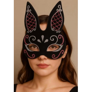 Mey İthalat® Siyah Renk Kırmızı Beyaz Simli Siyah Süet Kaplama Tavşan Maskesi 18x16 cm