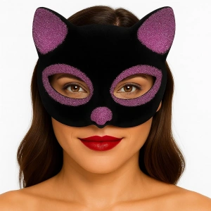 Mey İthalat® Siyah Renk Pembe Simli Süet Kaplama Kedi Maskesi 18x14 cm