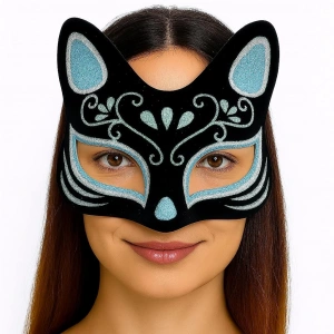 Mey İthalat® Siyah Renk Süet Kaplama Üzeri Gümüş Mavi Simli Kedi Maskesi 17x14 cm