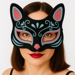 Mey İthalat® Siyah Renk Süet Kaplama Üzeri Mavi Kırmızı Simli Kedi Maskesi 17x14 cm