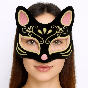 Mey İthalat® Siyah Renk Süet Kaplama Üzeri Pembe Sarı Simli Kedi Maskesi 17x14 cm