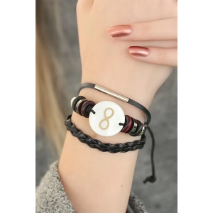 Mey İthalat® Siyah Renkli Sonsuzluk Tasarım Çoklu Deri Bayan Bileklik