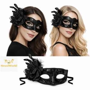 Mey İthalat® Siyah Venedik Parti Maskesi – Çiçekli Tüylü Payetli