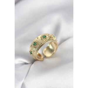 Mey İthalat® Yeşil Zirkon Taşlı Gold Renk Vintage Kadın Yüzük