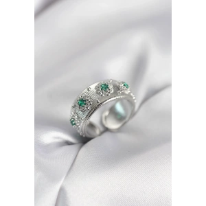 Mey İthalat® Yeşil Zirkon Taşlı Gümüş Renk Vintage Kadın Yüzük