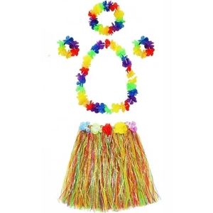 Mey İthalat® Yetişkin ve Çocuk Uyumlu Luau Aloha Hawaii  Kolye Renkli Etek Taç ve Bileklik Seti