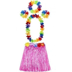 Mey İthalat® Yetişkin ve Çocuk Uyumlu Luau Aloha Hawaii Pembe Etek ve Renkli Kolye Taç 2 Adet Bileklik Seti