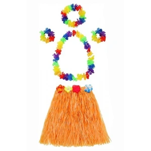 Mey İthalat® Yetişkin ve Çocuk Uyumlu Luau Aloha Hawaii Turuncu Etek ve Renkli Kolye Taç 2 Adet Bileklik Seti