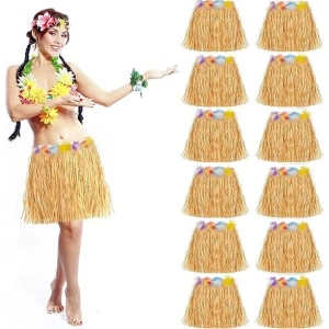Mey İthalat® Yetişkin ve Çocuk Uyumlu Saman Renk Hawaii Luau Hula Etek 40 cm 12 Adet