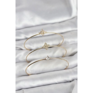 Mey İthalat® Zirkon Taşlı Gold Renk Yonca Model 3lü Kadın Bileklik Kombini