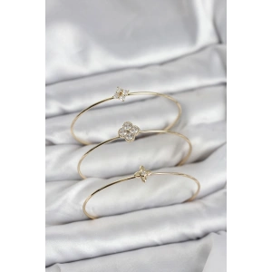 Mey İthalat® Zirkon Taşlı Gold Renk Yonca Tasarım 3lü Kadın Bileklik Kombini