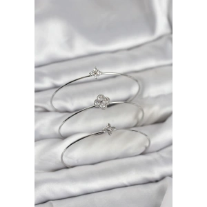 Mey İthalat® Zirkon Taşlı Gümüş Renk Yonca Tasarım 3lü Kadın Bileklik Kombini