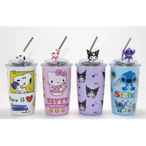 Popüler Karakter Figürlü Isı Muhafazalı Metal Pipetli Çelik Kupa