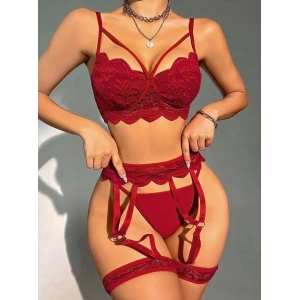 Transparan Bordo Dantel İşlemeli Sütyenli Jartiyer Takımı