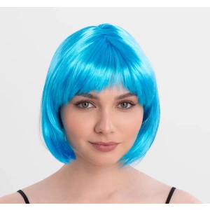Turkuaz Açık Mavi Renk Düz Kesim Kısa Küt Parti Peruğu