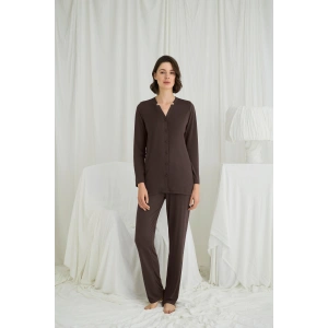 Uzun Kollu Boydan Düğmeli V Yaka Pijama Takımı