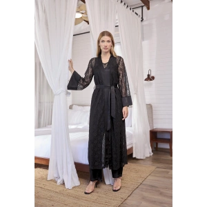 Uzun Kollu Dantelli ve Kuşaklı Sabahlık