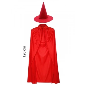 Yetişkin Boy 120 Cm Kırmızı Yakalı Pelerin Ve Kırmızı Cadı Şapkası
