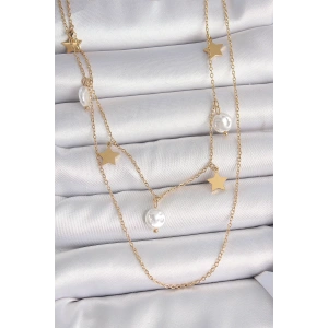 BFS 316L Çelik Gold Renk 2Li Zincir Sallantı Yıldız İnci Model Kadın Kolye