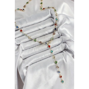 BFS Pirinç Gold Renk Karışık Renk Zirkon Taşlı Kalpli Y Kadın Kolye