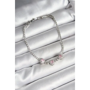 BFS Pirinç Sıralı Pembe Kalp Figürlü Zirkon Taşlı Gümüş Renk Kadın Bileklik