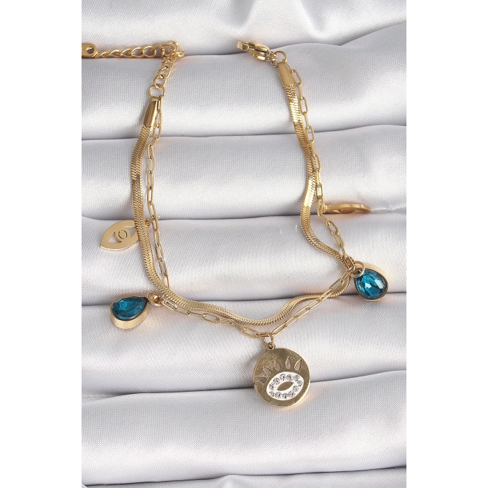 BFS 316L Çelik Gold Renk Zirkon Taşlı Göz İşleme Figür Kadın Bileklik