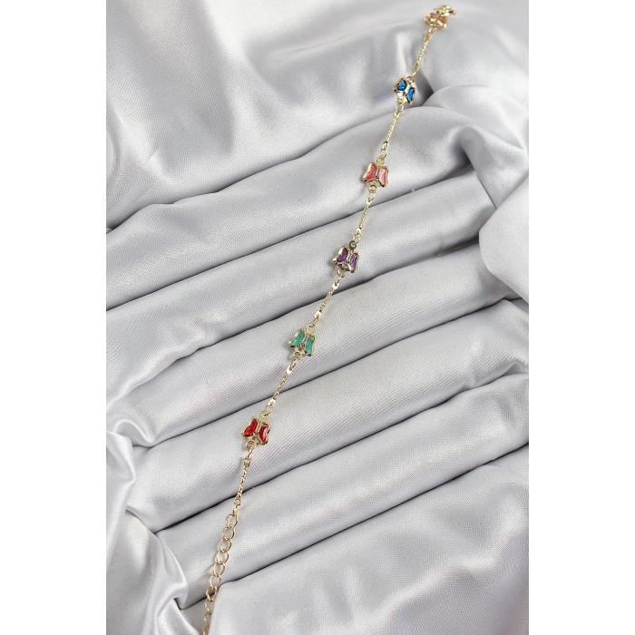 BFS Pirinç Gold Renk Karışık Renk Kelebek Zirkon Taşlı Kadın Bileklik