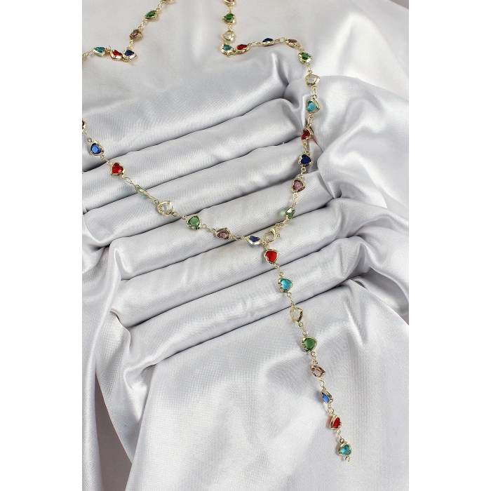 BFS Pirinç Gold Renk Karışık Renk Zirkon Taşlı Kalpli Y Kadın Kolye