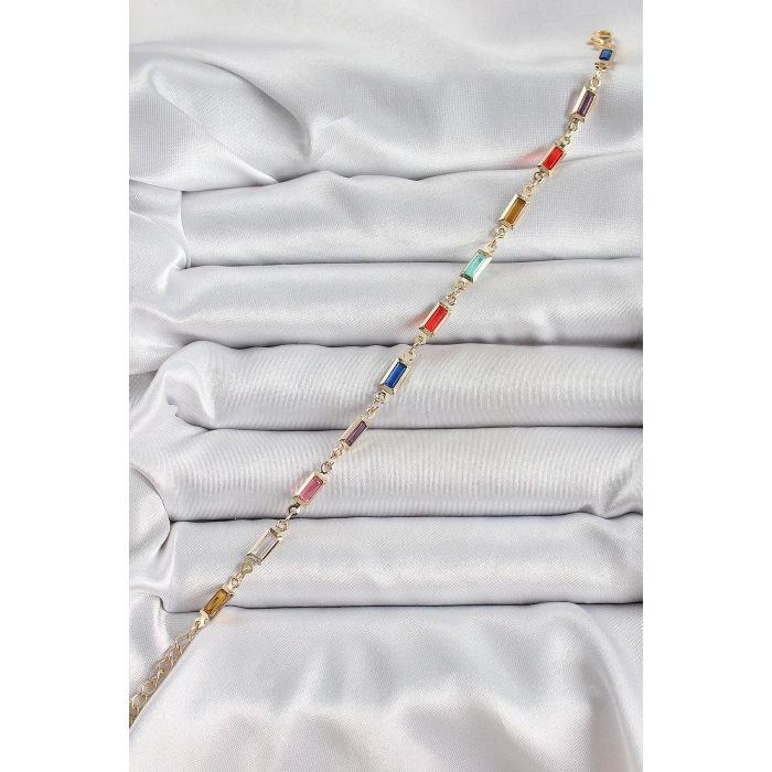 BFS Pirinç Gold Renk Karışık Renkli Kare Zirkon Taşlı Kadın Bileklik