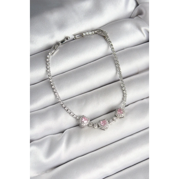 BFS Pirinç Sıralı Pembe Kalp Figürlü Zirkon Taşlı Gümüş Renk Kadın Bileklik