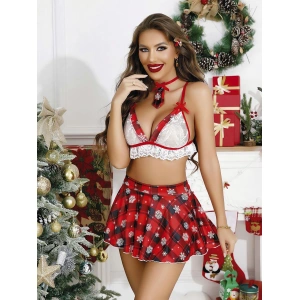 Şık Tasarım Ekose Etekli Fantezi Dantelli Yılbaşı Kostümü