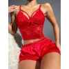 Kırmızı Dantelli Büstiyer İnce Askılı Saten Şortlu Takım