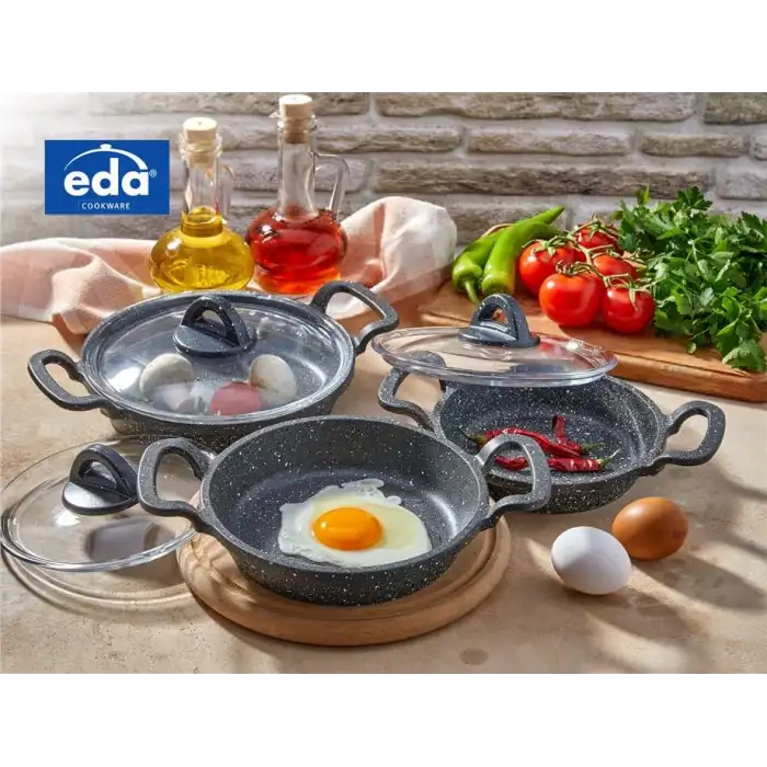 EDA COOKWARE ASYA 3 LÜ SAHAN SETİ CAM KAPAKLI DÖKÜM GRİ YUVARLAK 18-20-22 CM ZK-905