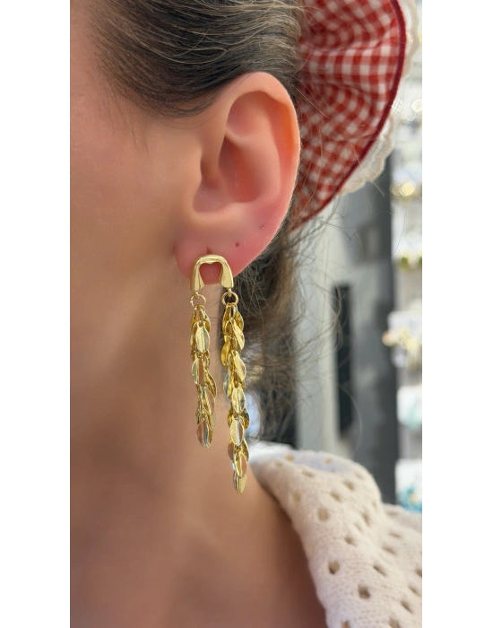 2li Yaprak Pul Model Sallantılı Gold Küpe