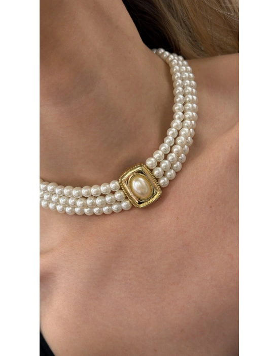 3 Sıra İnci Choker Kolye (34cm-uzatma dahil 37cm )