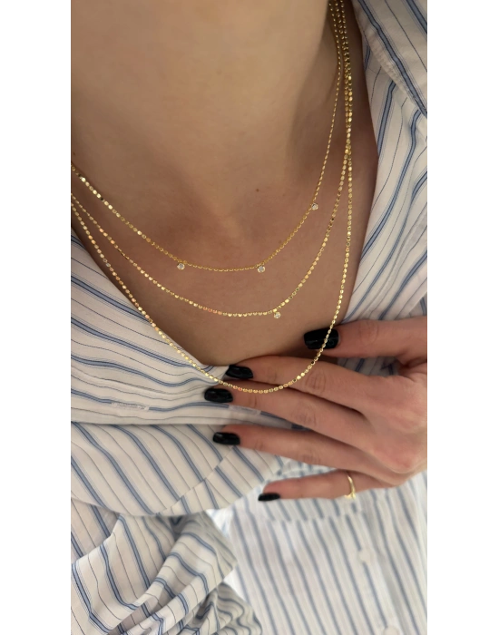 Ezme Zincir Küçük Taş Detay 3’lü Kolye Gold(39-44-49cm)