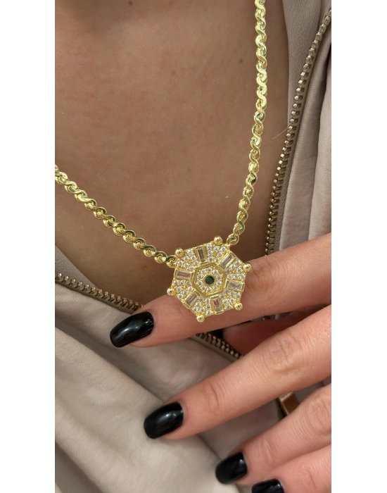 Altıgen Figür Taş İşleme Detay Kolye(46cm)