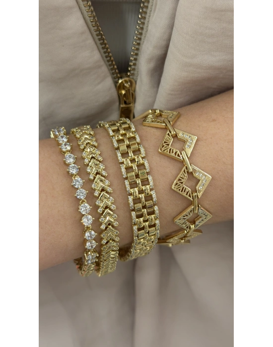 İki Yanı Taş İşleme Detay Gold Örme Bileklik(20 cm)