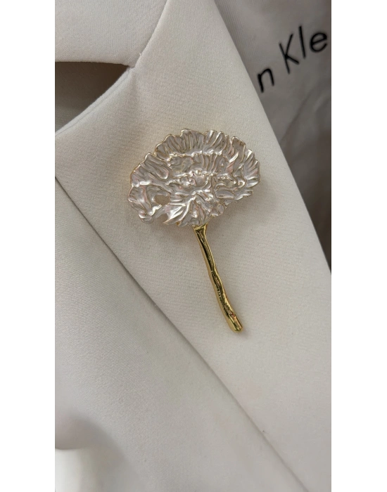 Beyaz Sedef Detay Çiçek Broş